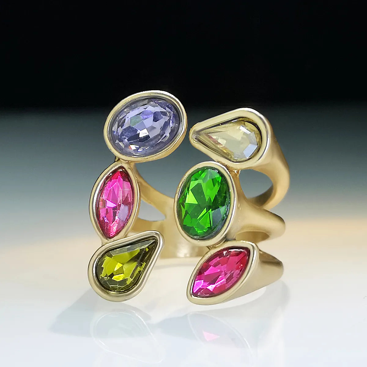 Exaggerated Oval Water Droplets Alloy Plating Inlay Artificial Gemstones Gold Plated Women'S Open Ring