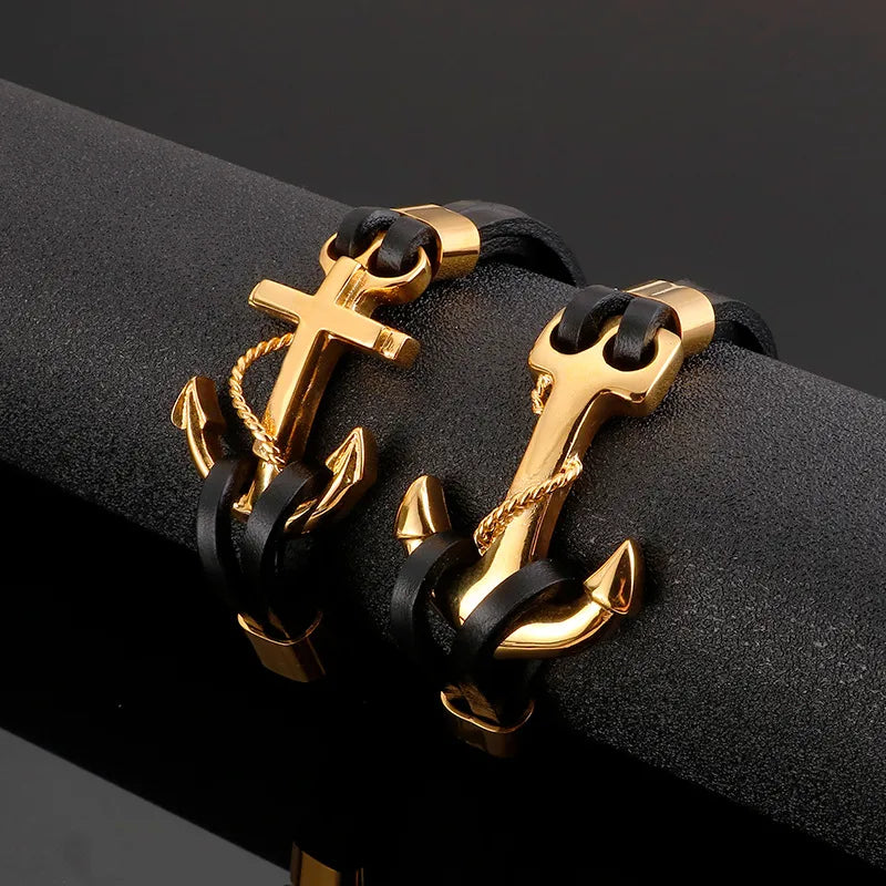 Fashion Anchor Leather Titanium Steel Patchwork Plating 18K Gold Plated Men'S Bracelets