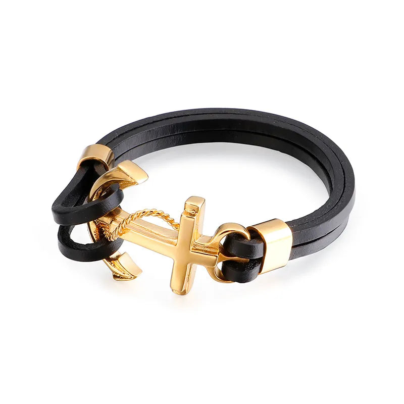 Fashion Anchor Leather Titanium Steel Patchwork Plating 18K Gold Plated Men'S Bracelets