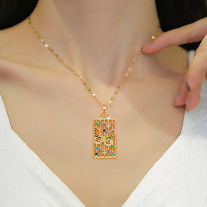 Fashion Butterfly Titanium Steel Copper Inlay Zircon Pendant Necklace