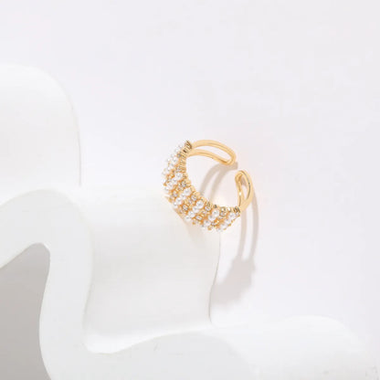 Fashion C Shape Copper 14k Gold Plated Artificial Pearls Zircon Open Ring In Bulk