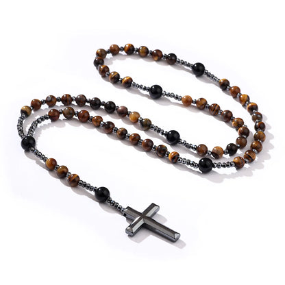 1 Piece Fashion Cross Stone Tiger Eye Obsidian Beaded Unisex Sweater Chain