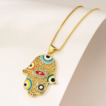 1 Piece Fashion Devil's Eye Palm Copper Enamel Inlay Zircon Pendant Necklace