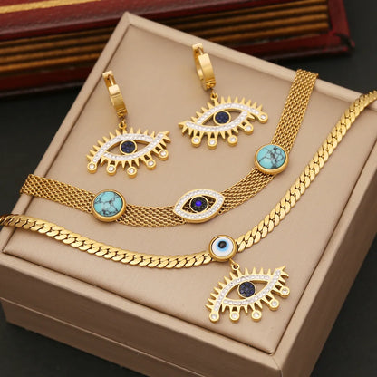 Wholesale Fashion Eye Stainless Steel Inlay 14k Gold Plated Zircon Bracelets Earrings Necklace