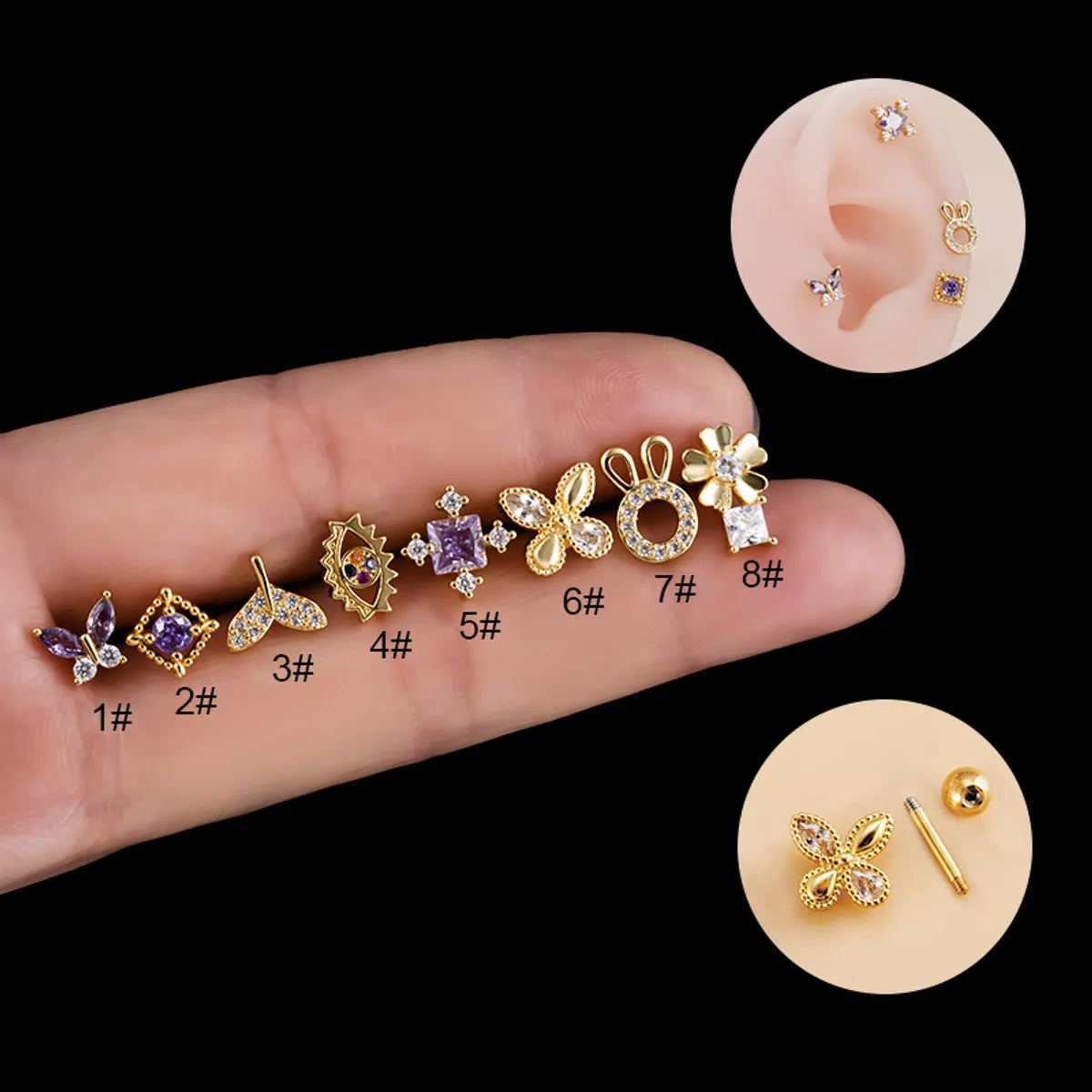 1 Piece Fashion Flower Butterfly Fish Tail Stainless Steel Copper Inlaid Zircon Ear Studs