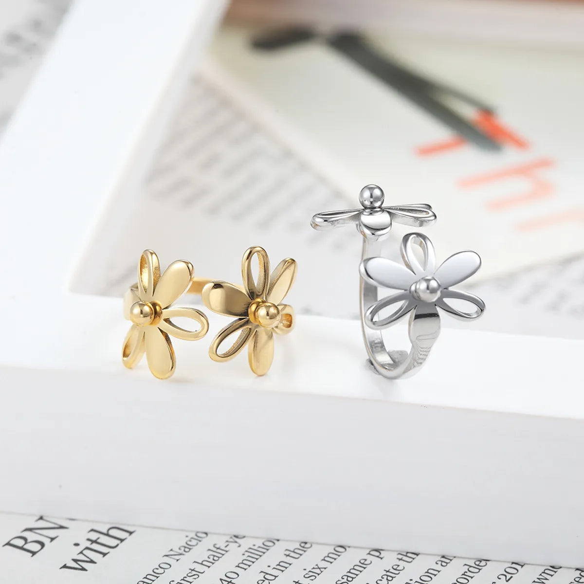 1 Piece Fashion Flower Titanium Steel Plating Open Ring