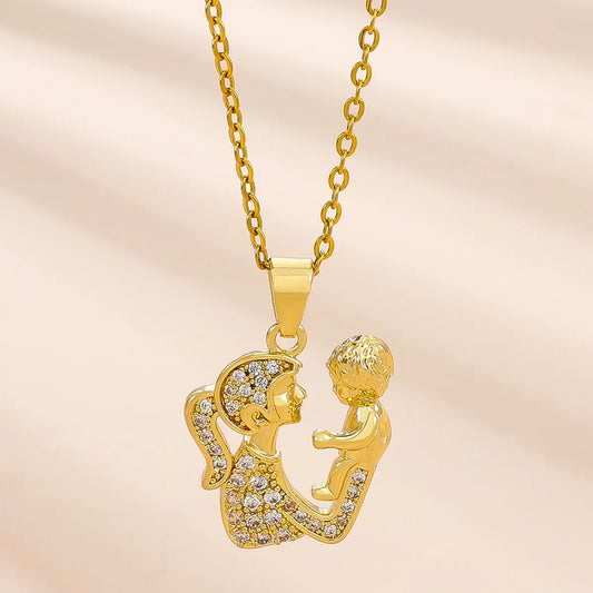 1 Piece Fashion Mama Heart Shape Alloy Plating Inlay Rhinestones 14k Gold Plated Mother'S Day Pendant Necklace