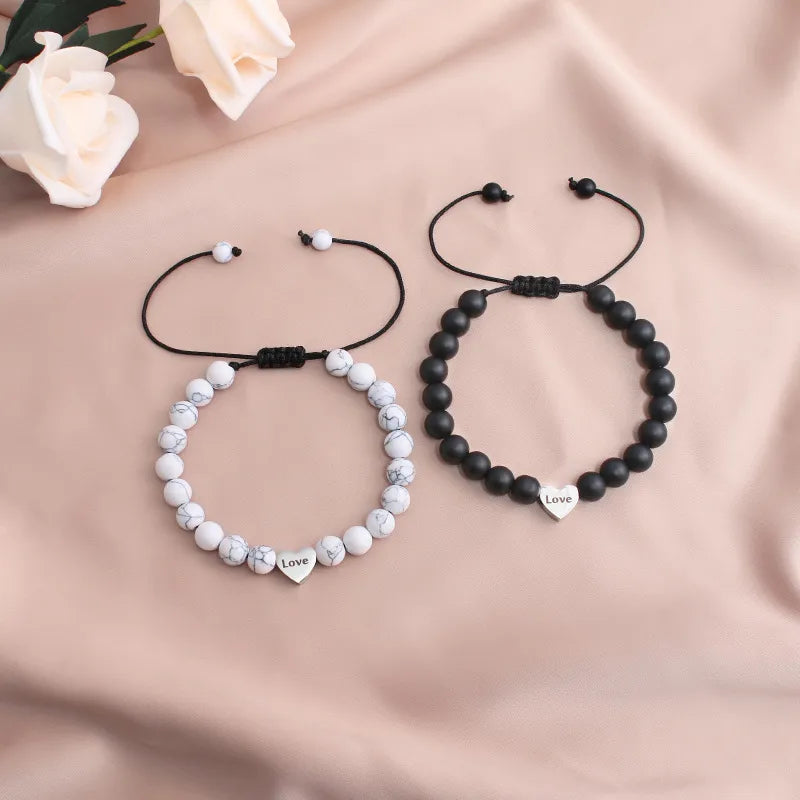 1 Piece Fashion Heart Shape Beaded Titanium Steel Couple Bracelets