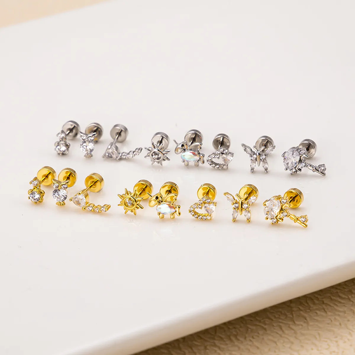 1 Piece Fashion Heart Shape Owl Butterfly Plating Inlay Stainless Steel Zircon Ear Studs