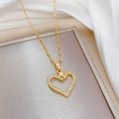 Fashion Heart Shape Titanium Steel Copper Inlay Zircon Pendant Necklace