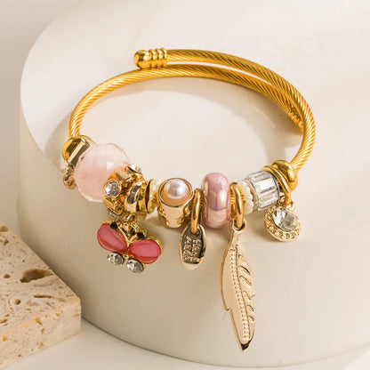 1 Piece Fashion Leaf Butterfly Alloy Inlay Artificial Pearls Rhinestones Glass Gold Plated Women's Bangle