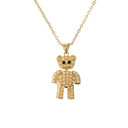 1 Piece Fashion Little Bear Cat Owl Copper Plating Inlay Artificial Pearls Zircon Pendant Necklace