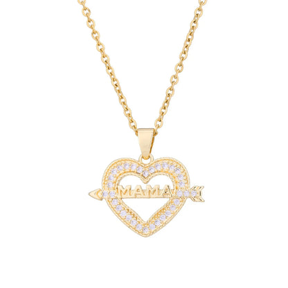 Fashion Mama Letter Heart Shape Stainless Steel Rhinestone Plating Inlay Zircon 18k Gold Plated Pendant Necklace