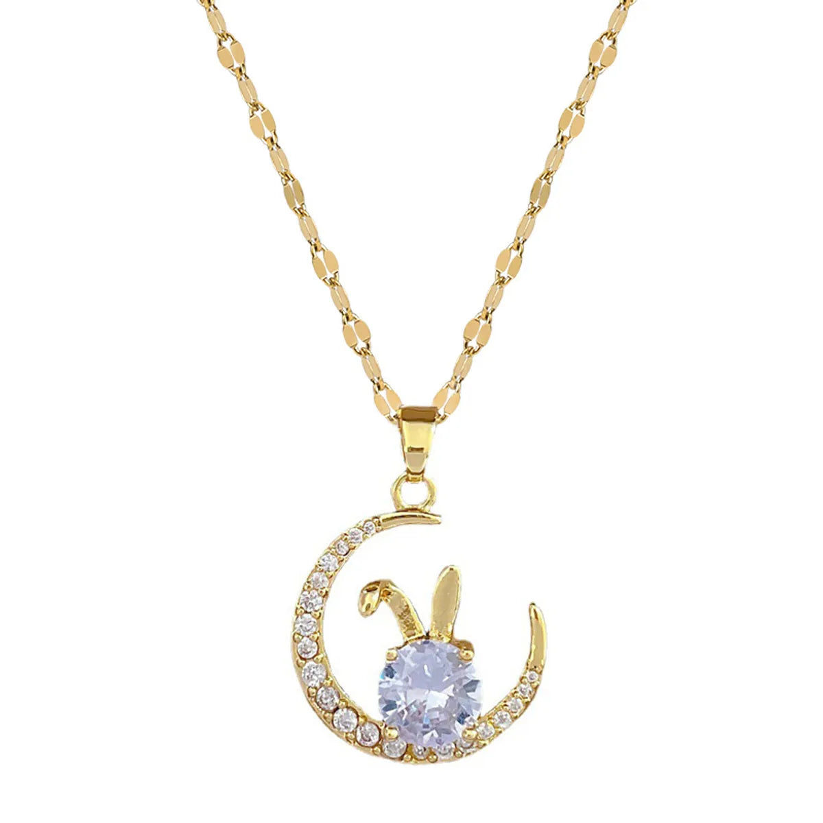 Fashion Moon Titanium Steel Copper Inlay Zircon Pendant Necklace