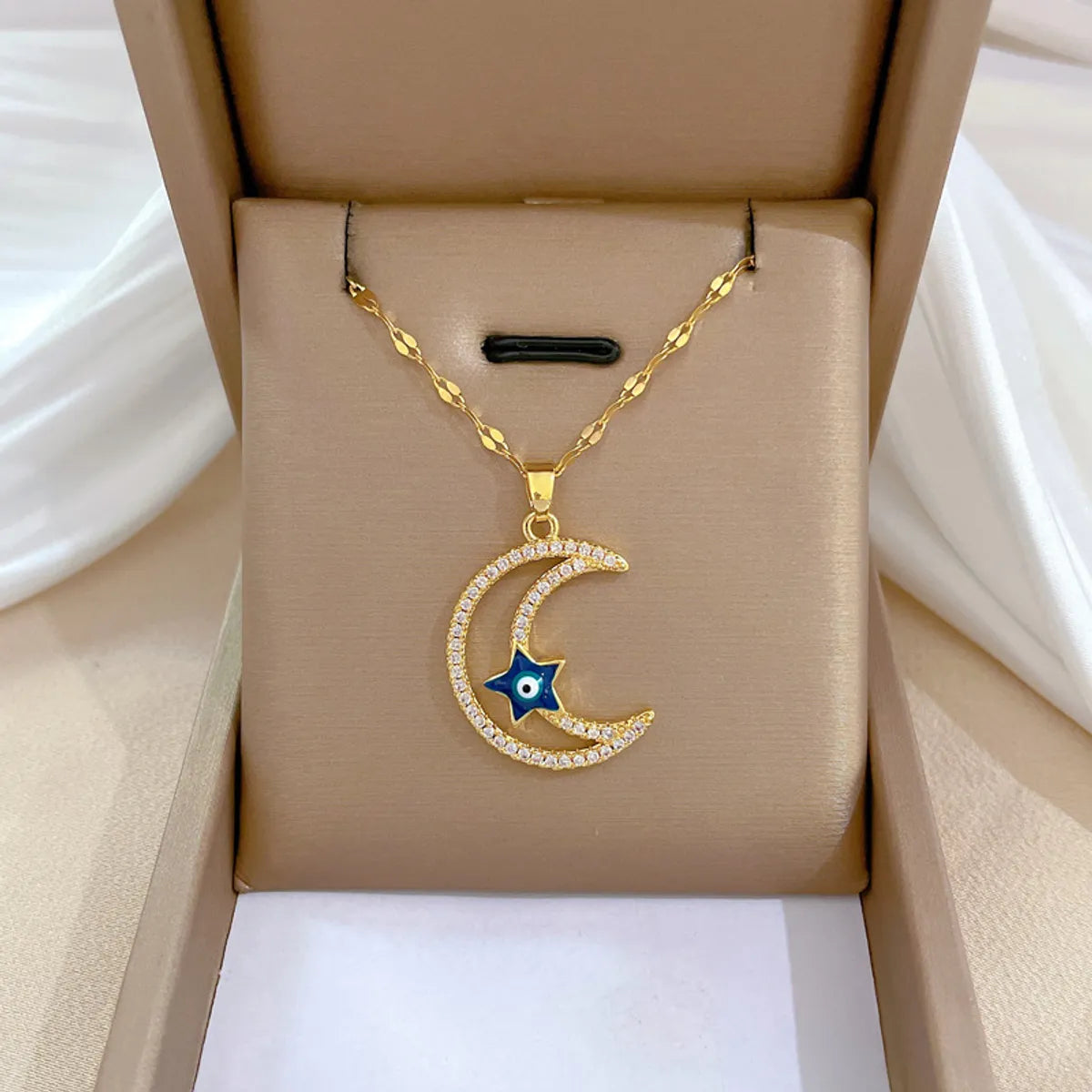 Fashion Moon Titanium Steel Copper Inlay Zircon Pendant Necklace