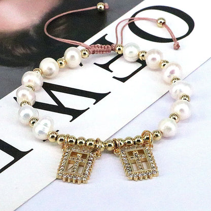 Fashion Portrait Faith Cross Copper Gold Plated Zircon Bracelets In Bulk