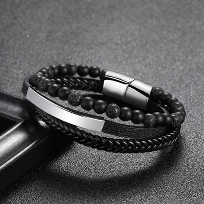 1 Piece Fashion Round Pu Leather Alloy Beaded Layered Patchwork Men'S Bracelets