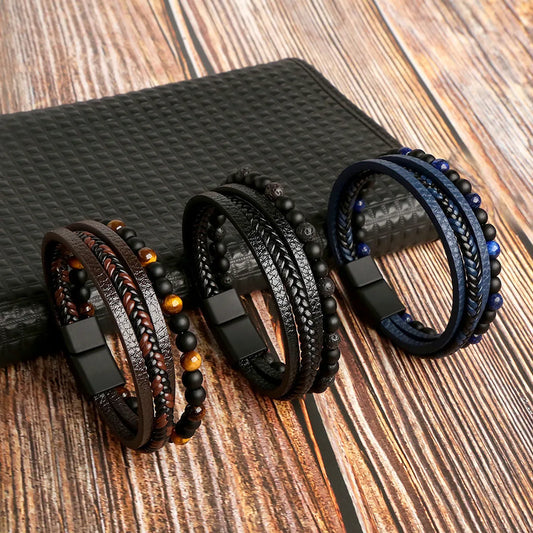 Fashion Round Pu Leather Alloy Tiger Eye Beaded Men'S Bracelets