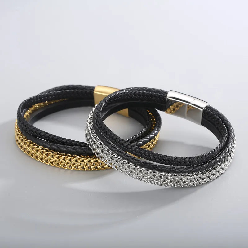 Fashion Round Stainless Steel Cowhide Patchwork 18K Gold Plated Men'S Bracelets