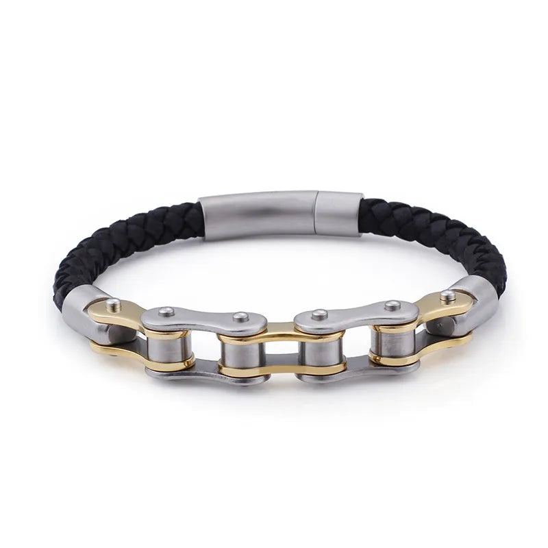 Fashion Solid Color Cowhide Titanium Steel Plating Chain 18K Gold Plated Men'S Bracelets