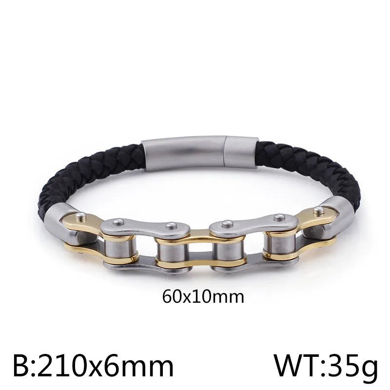 Fashion Solid Color Cowhide Titanium Steel Plating Chain 18K Gold Plated Men'S Bracelets