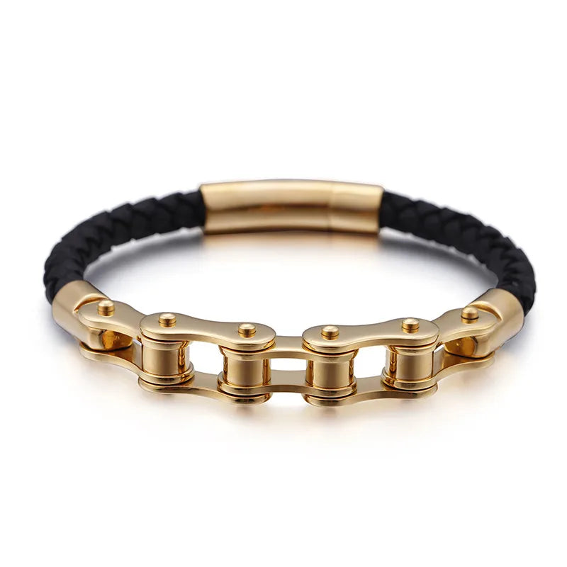 Fashion Solid Color Cowhide Titanium Steel Plating Chain 18K Gold Plated Men'S Bracelets