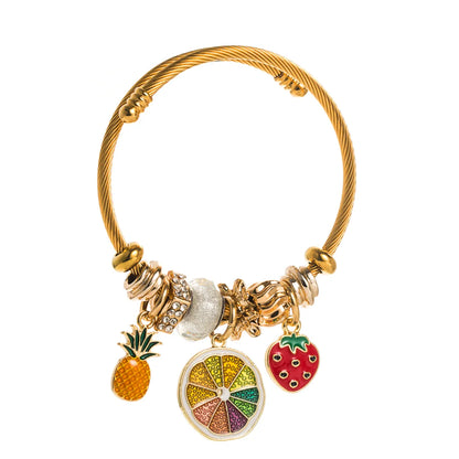 1 Piece Fashion Strawberry Pineapple Alloy Enamel Inlay Rhinestones Gold Plated Women's Bangle