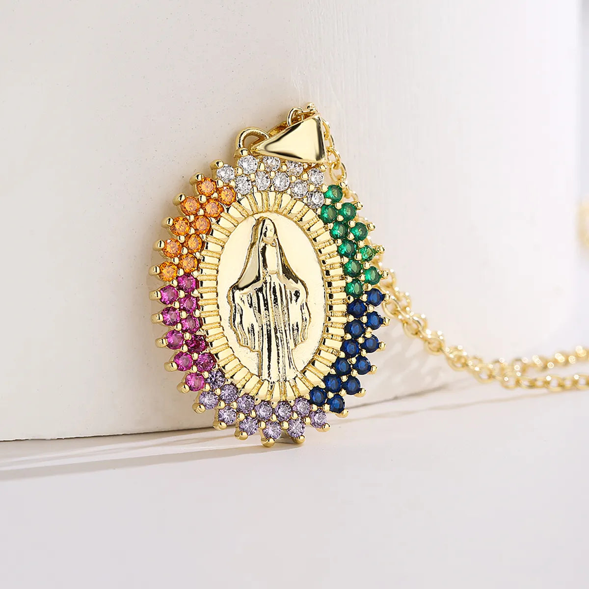 Fashion Virgin Mary Copper 18k Gold Plated Zircon Pendant Necklace In Bulk