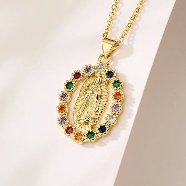 Fashion Virgin Mary Copper 18k Gold Plated Zircon Pendant Necklace In Bulk