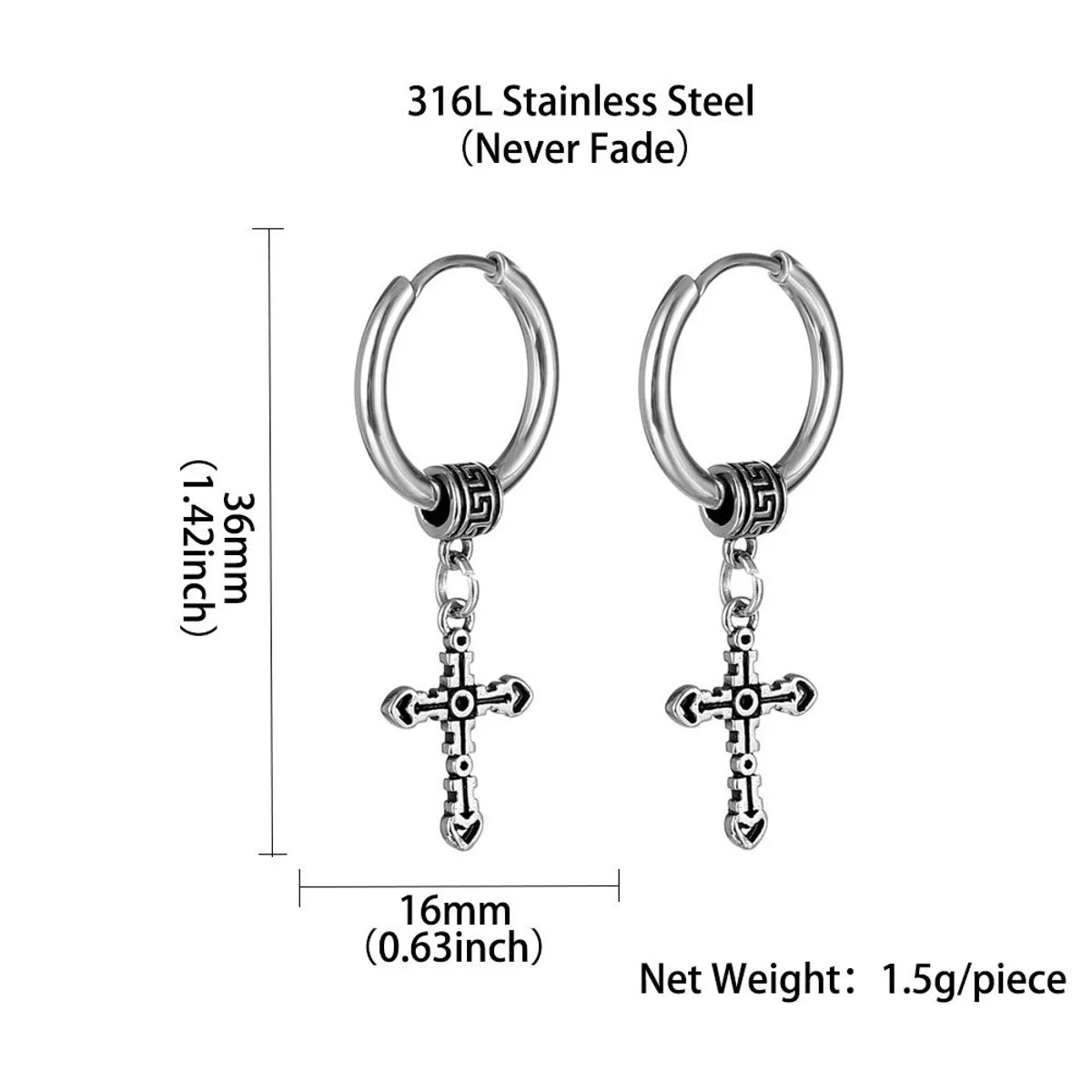 1 Piece Hip-Hop Cross Titanium Steel Plating Men'S Drop Earrings