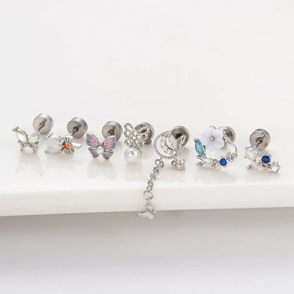 1 Piece Hip-hop Heart Shape Flower Butterfly Stainless Steel Copper Inlay Artificial Pearls Zircon Ear Studs