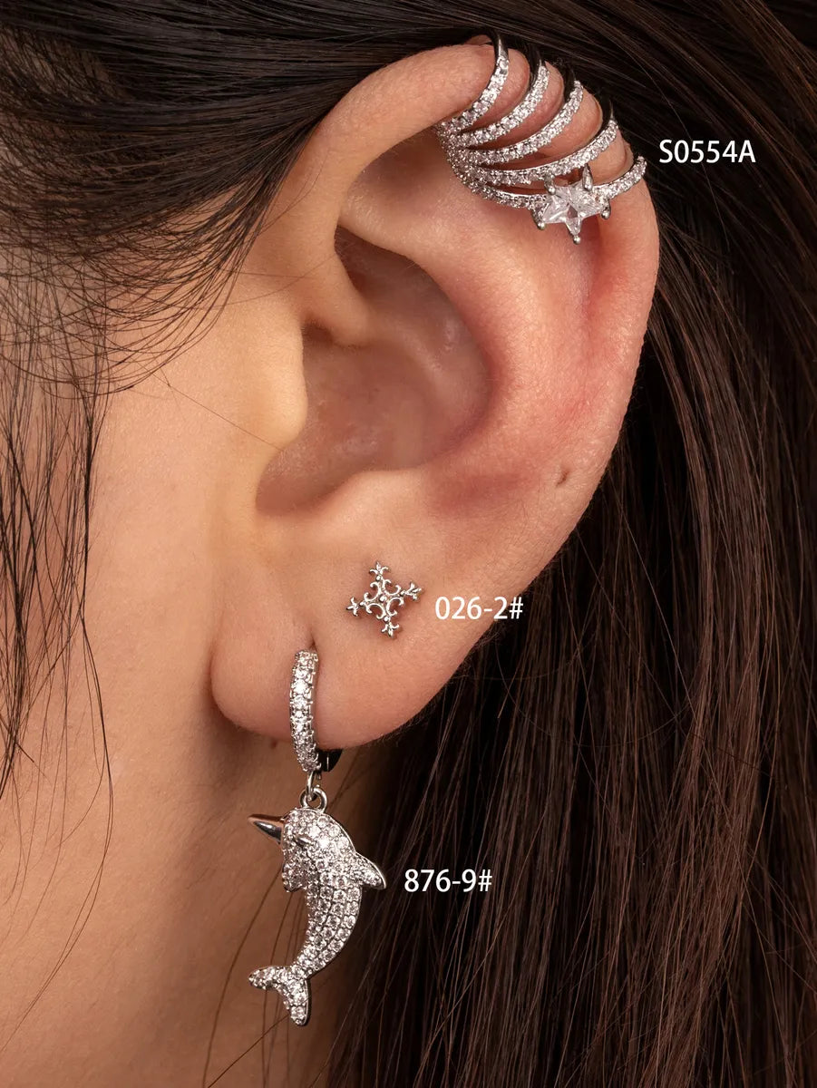 1 Piece IG Style Cross Star Whale Inlay Stainless Steel Copper Zircon Ear Studs