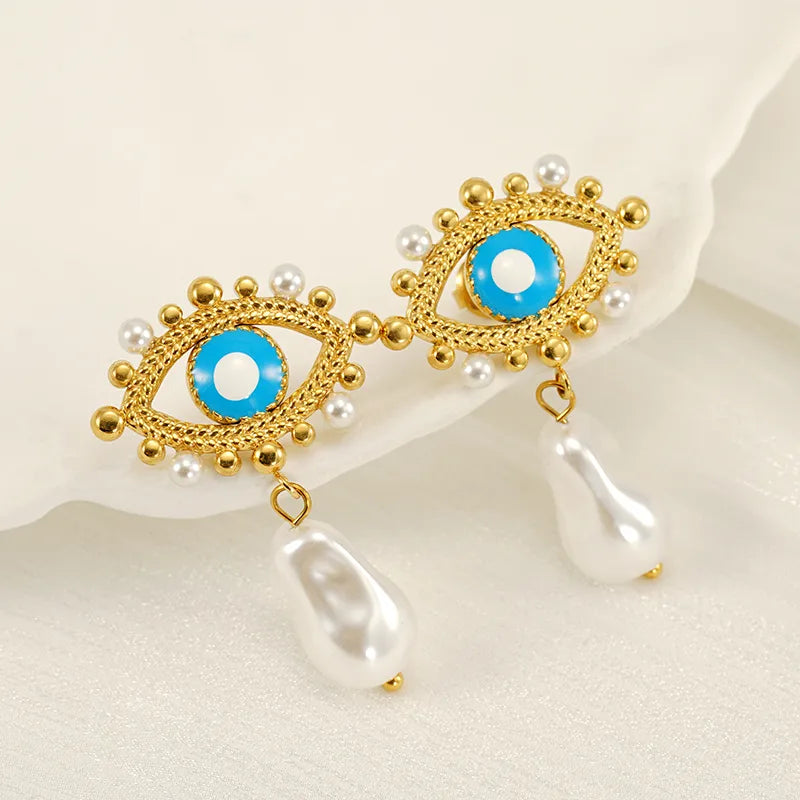 1 Piece IG Style Simple Style Eye Plating Inlay 304 Stainless Steel Artificial Pearls 18K Gold Plated Drop Earrings