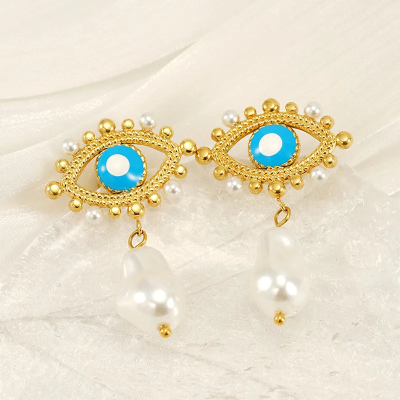 1 Piece IG Style Simple Style Eye Plating Inlay 304 Stainless Steel Artificial Pearls 18K Gold Plated Drop Earrings