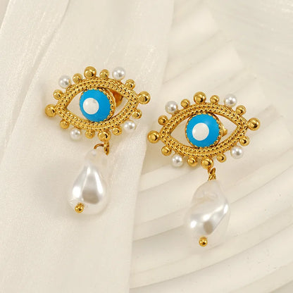 1 Piece IG Style Simple Style Eye Plating Inlay 304 Stainless Steel Artificial Pearls 18K Gold Plated Drop Earrings