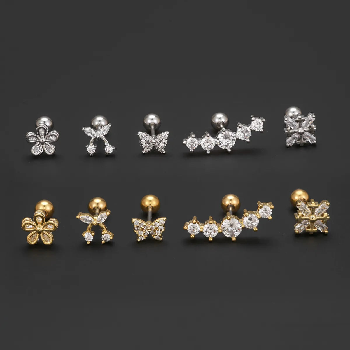 1 Piece Ig Style Simple Style Geometric Flower Butterfly Plating Inlay Brass Zircon 18k Gold Plated White Gold Plated Ear Studs