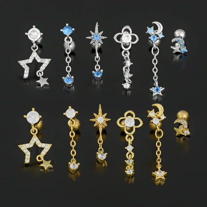 1 Piece Ig Style Simple Style Geometric Star Moon Plating Inlay Brass Zircon 18k Gold Plated White Gold Plated Ear Studs