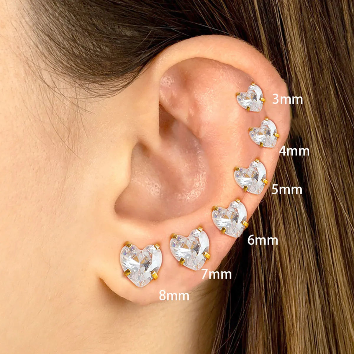 1 Piece IG Style Simple Style Heart Shape Plating Inlay 304 Stainless Steel Zircon Ear Studs