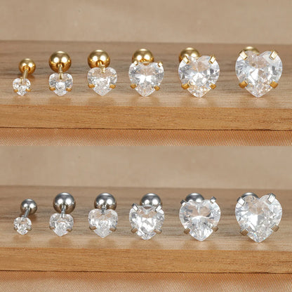 1 Piece IG Style Simple Style Heart Shape Plating Inlay 304 Stainless Steel Zircon Ear Studs