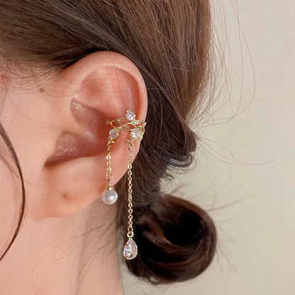 1 Piece Ig Style Simple Style Leaves Water Droplets Inlay Copper Artificial Pearls Diamond Ear Cuffs