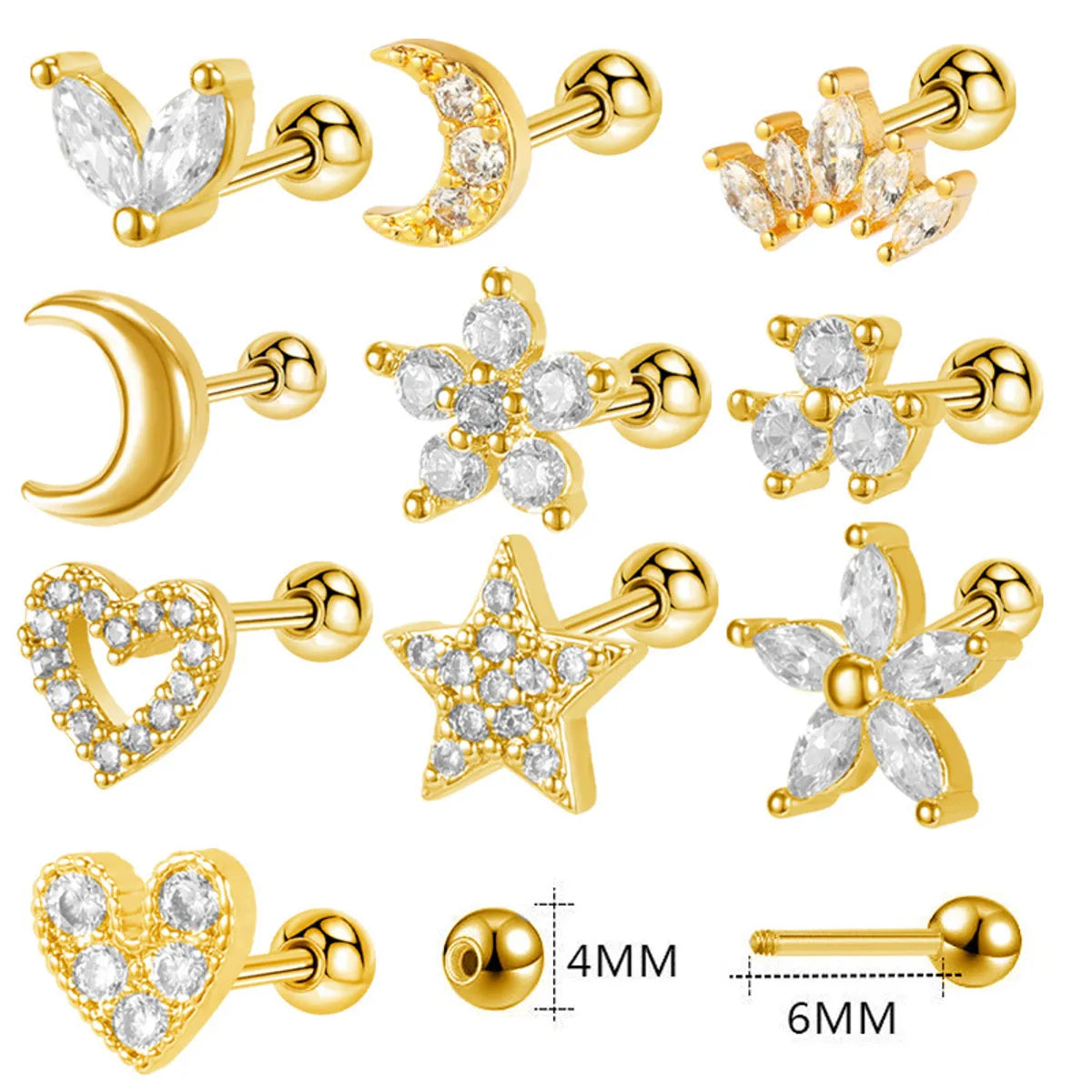 1 Piece IG Style Simple Style Moon Heart Shape Flower Inlay 304 Stainless Steel Zircon Ear Studs