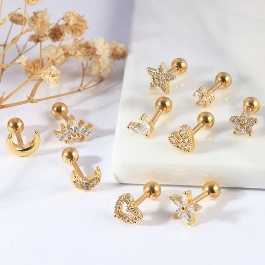 1 Piece IG Style Simple Style Moon Heart Shape Flower Inlay 304 Stainless Steel Zircon Ear Studs