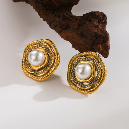 1 Piece IG Style Simple Style Round Flower Inlay 304 Stainless Steel Artificial Pearls Zircon 18K Gold Plated Ear Studs