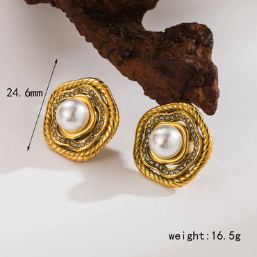 1 Piece IG Style Simple Style Round Flower Inlay 304 Stainless Steel Artificial Pearls Zircon 18K Gold Plated Ear Studs