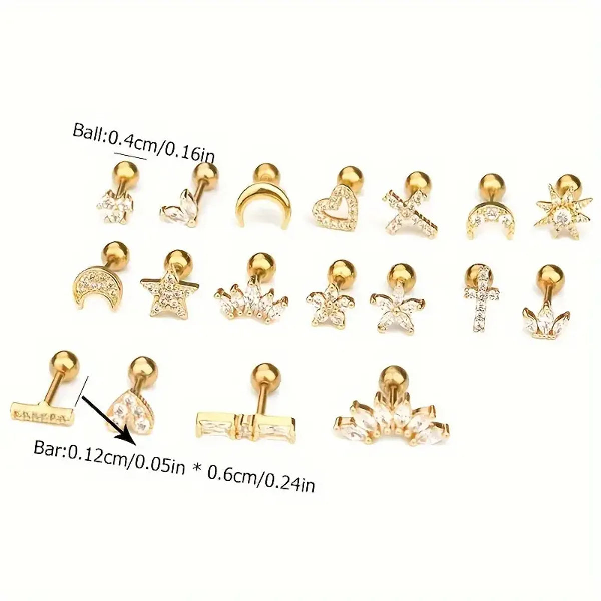 1 Piece IG Style Star Moon Inlay 304 Stainless Steel Zircon 14K Gold Plated Ear Studs