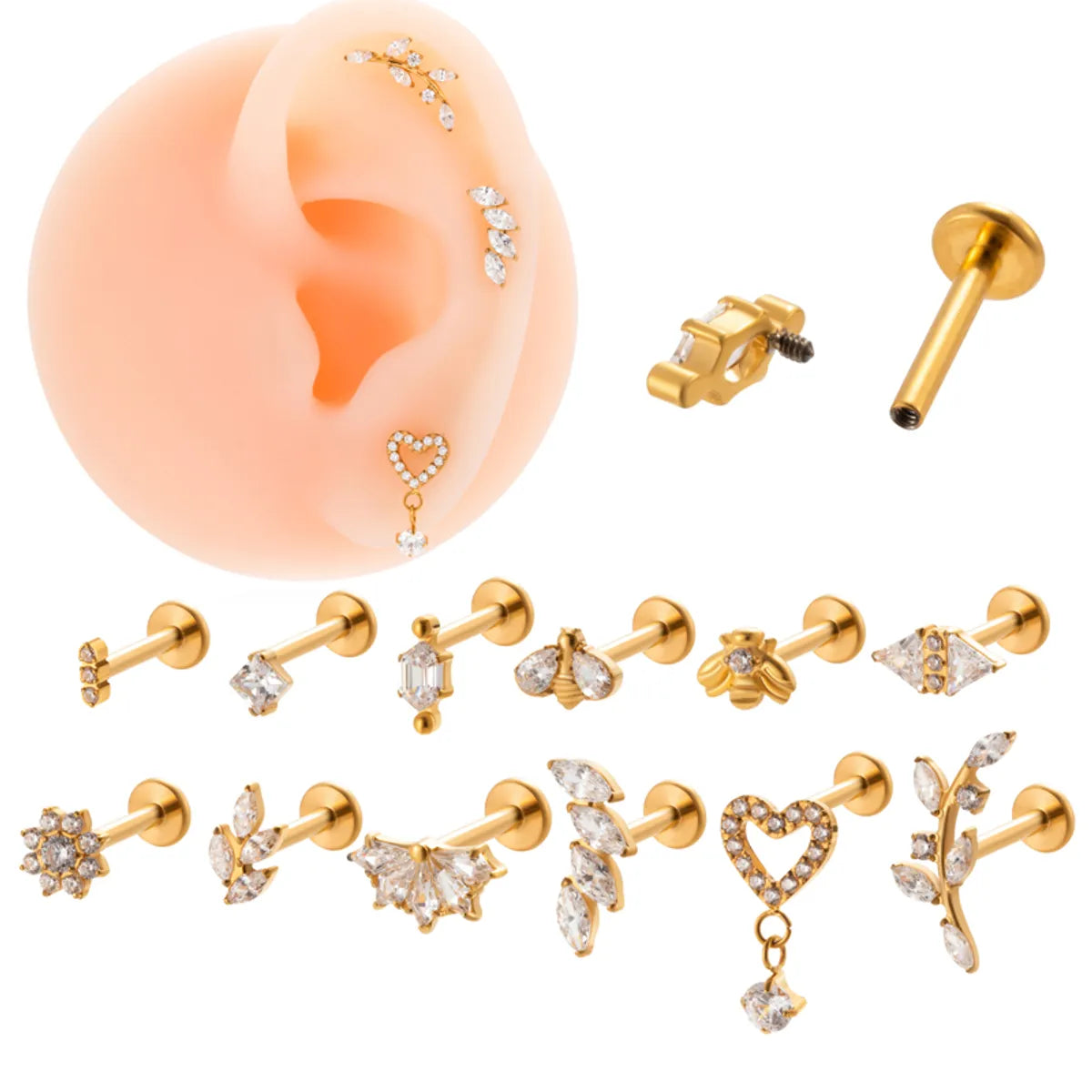 1 Piece Ig Style Vintage Style Leaves Heart Shape Bee Plating Inlay Titanium Alloy Zircon 18k Gold Plated Ear Studs