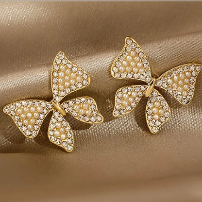 1 Piece Japanese Style Sweet Bow Knot Inlay Alloy Rhinestones Ear Studs