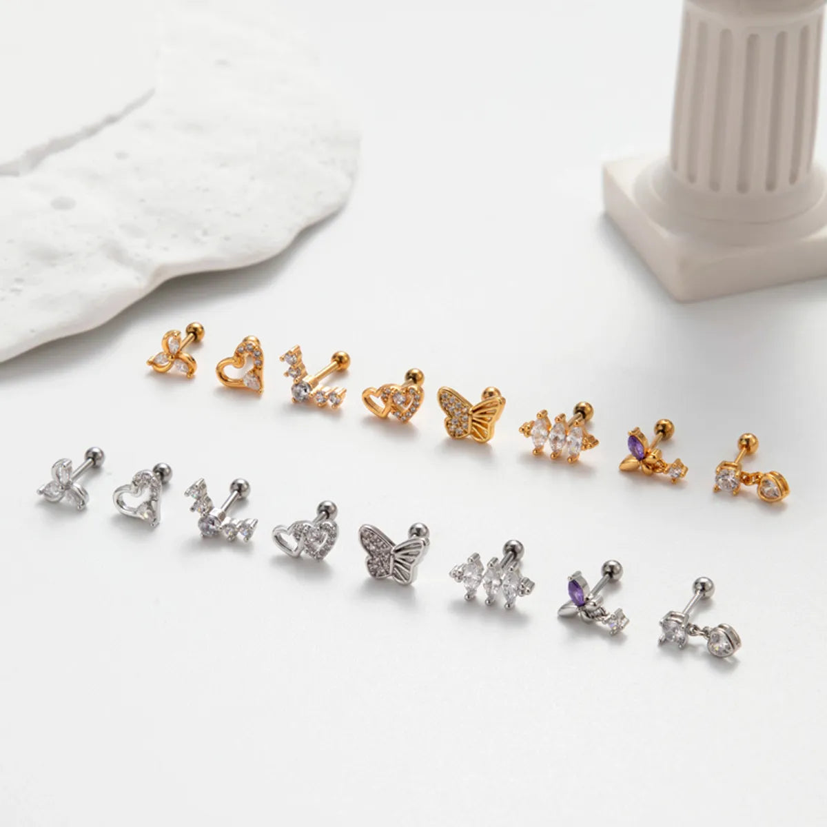 1 Piece Korean Style Heart Shape Butterfly Plating Inlay Stainless Steel Zircon 18k Gold Plated Ear Studs