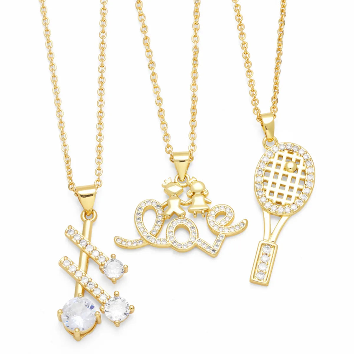 Korean Style Letter Tennis Racket Copper 18k Gold Plated Zircon Pendant Necklace In Bulk