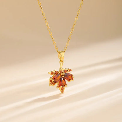 Stainless Steel Titanium Steel 18K Gold Plated Korean Style Plating Inlay Square Leaves Bow Knot Zircon Pendant Necklace